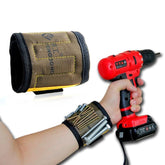 Magnetic Wristband showcasing tool holder with various tools on wrist for hands-free access and strong magnets.