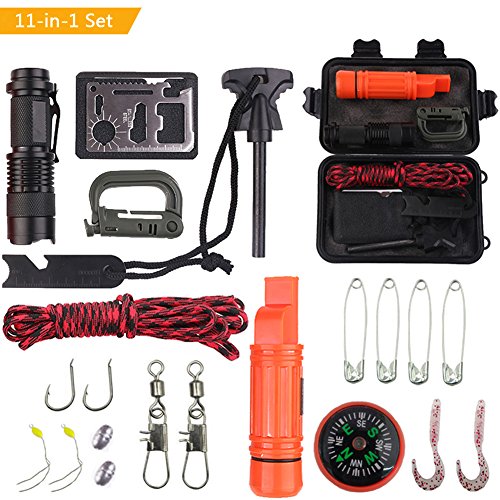 Survival Tool Set including flashlight, compass, fire starter, carabiner, and various fishing tools.