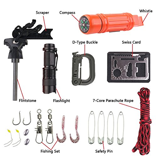Survival Tool Set including flashlight, compass, fire starter, carabiner, and various fishing tools.