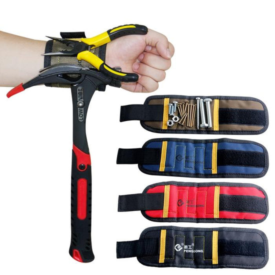 Magnetic Wristband showcasing tool holder with various tools on wrist for hands-free access and strong magnets.
