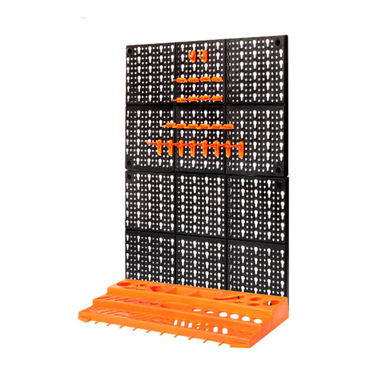 Workshop Tool Storage Rack with multiple orange storage bins for organizing tools and hardware.