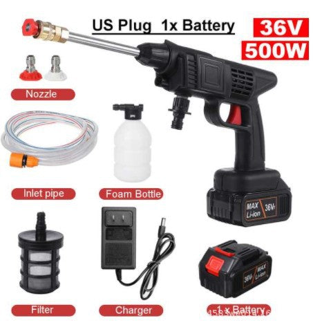 Portable Electric Car Washer 36V 500W with battery, nozzle, filter, and charger for versatile cleaning.