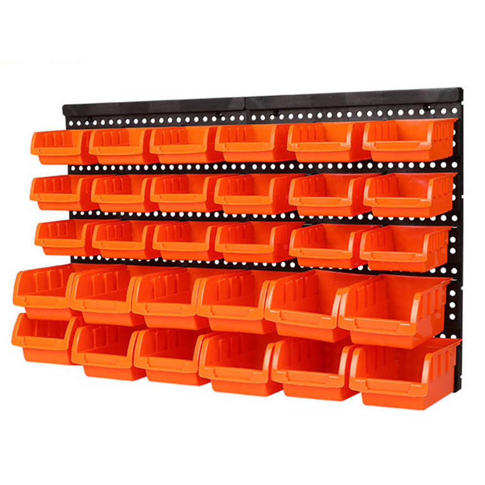 Workshop Tool Storage Rack with multiple orange storage bins for organizing tools and hardware.