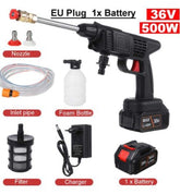 Portable Electric Car Washer 36V 500W with battery, nozzle, filter, and charger for versatile cleaning.